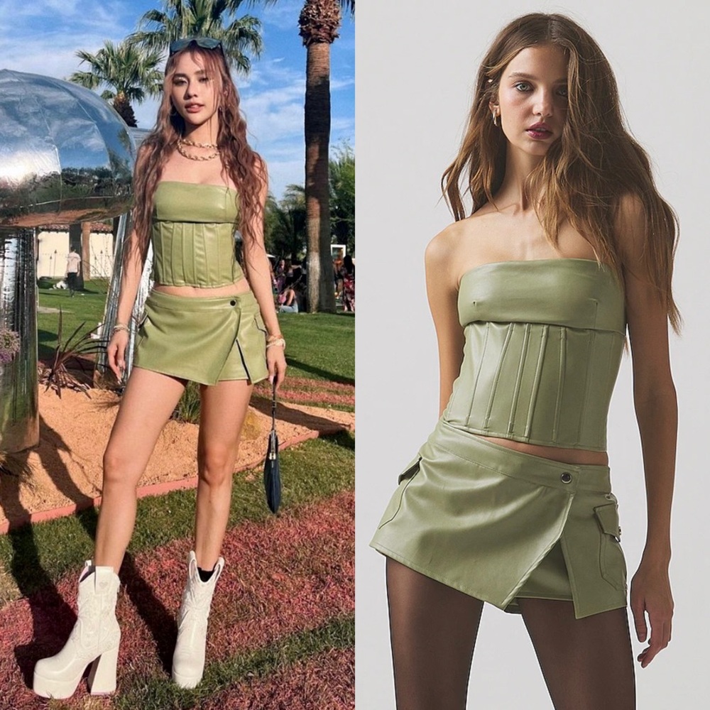 REVOLVE Sage Faux Leather Strapless Corset Style Sleeveless Bustier Crop‎ Top XS